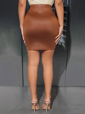 PETITE Drawstring Ruched Front PU Leather Bodycon Skirt