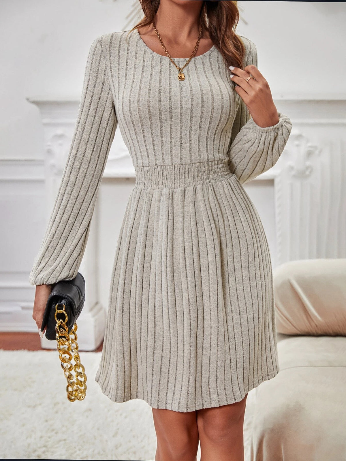 Frenchy Solid Lantern Sleeve A-line Dress