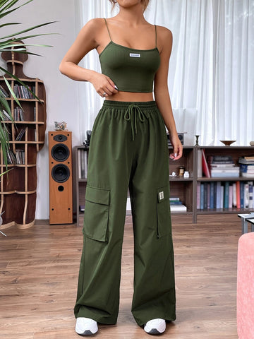 Letter Patched Detail Cami Top & Drawstring Waist Cargo Pants