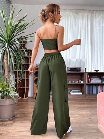 Letter Patched Detail Cami Top & Drawstring Waist Cargo Pants