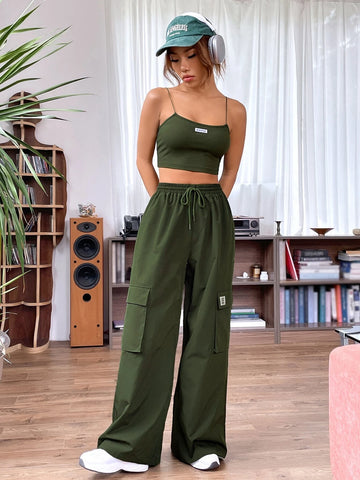 Letter Patched Detail Cami Top & Drawstring Waist Cargo Pants