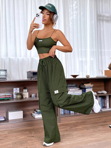 Letter Patched Detail Cami Top & Drawstring Waist Cargo Pants