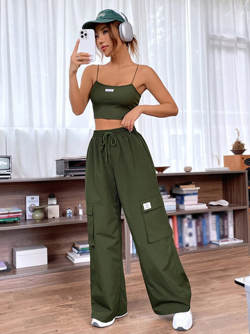 Letter Patched Detail Cami Top & Drawstring Waist Cargo Pants