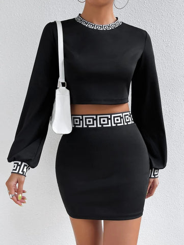 Geo Print Bishop Sleeve Tee & Bodycon Skirt