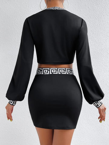 Geo Print Bishop Sleeve Tee & Bodycon Skirt