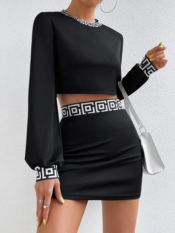 Geo Print Bishop Sleeve Tee & Bodycon Skirt
