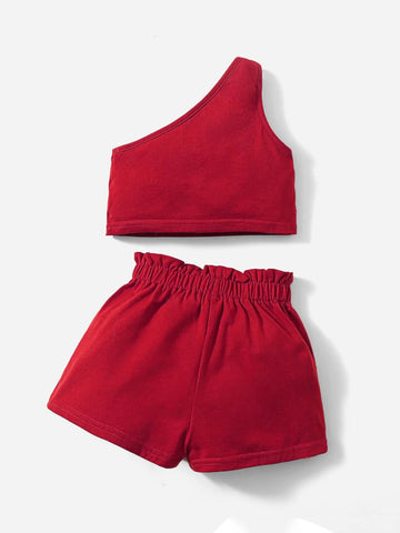 Baby One Shoulder Top & Paper Bag Waist Shorts