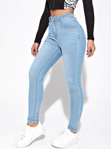 High Waist Bleach Wash Skinny Jeans