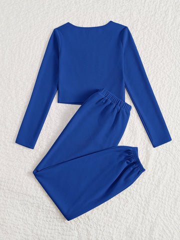 EZwear Letter Patched Detail Scoop Neck Crop Tee & Pants