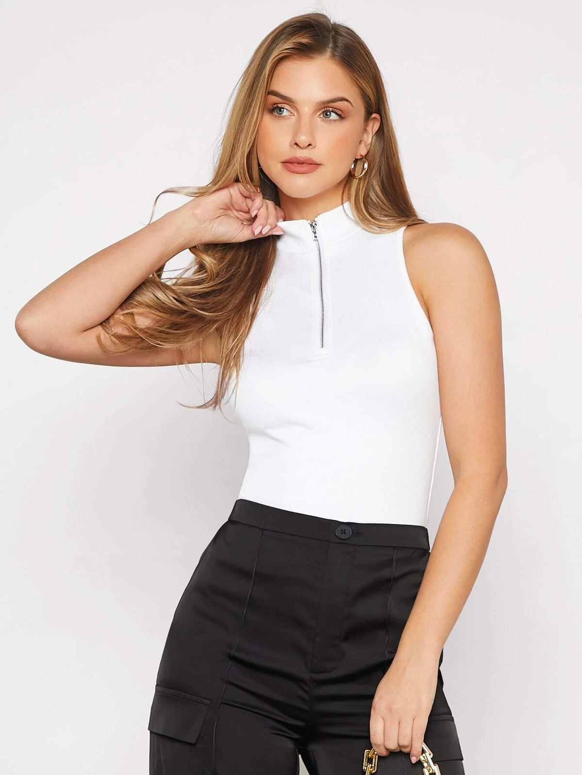 Half Zip Ribbed Knit Tank Top