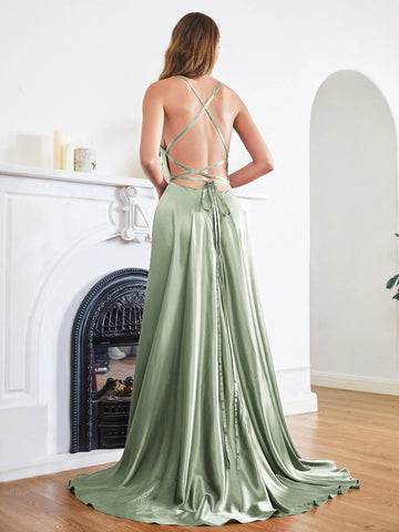 BABYONLINE D.R.E.S.S. Lace Up Backless Satin Bridesmaid Dress