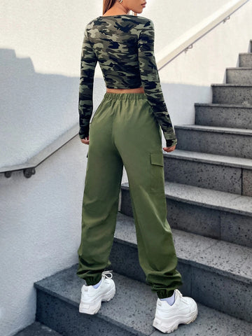 EZwear Camo Print Cut Out Crop Tee & Cargo Pants