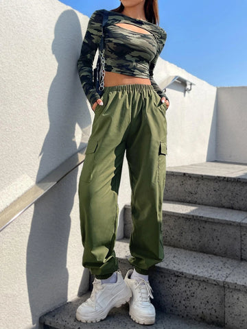 EZwear Camo Print Cut Out Crop Tee & Cargo Pants