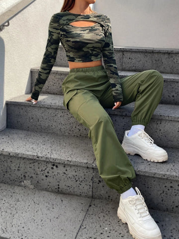 EZwear Camo Print Cut Out Crop Tee & Cargo Pants