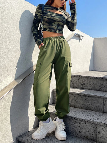 EZwear Camo Print Cut Out Crop Tee & Cargo Pants