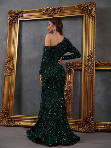 Asymmetrical Neck Cut Out Split Thigh Sequin Prom Dress