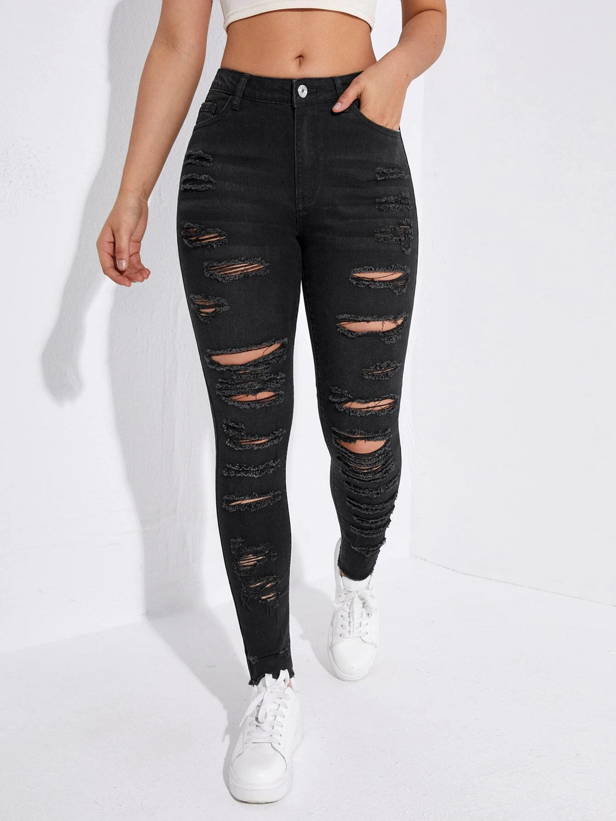 Ladder Distressed Raw Trim Skinny Jeans