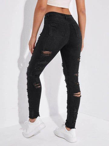 Ladder Distressed Raw Trim Skinny Jeans