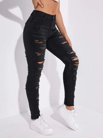 Ladder Distressed Raw Trim Skinny Jeans