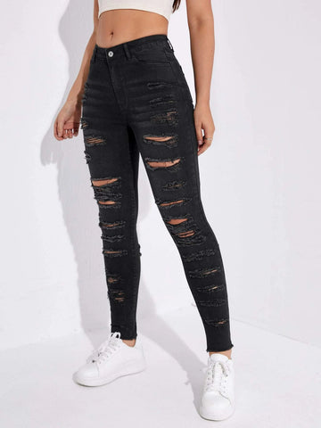 Ladder Distressed Raw Trim Skinny Jeans