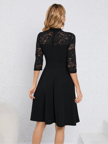 Contrast Lace Mock Neck Dress