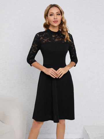 Contrast Lace Mock Neck Dress