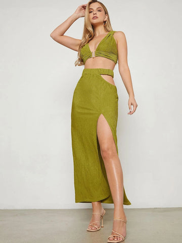 Ring Linked Crop Tank Top & Cut Out Waist Split Thigh Skirt