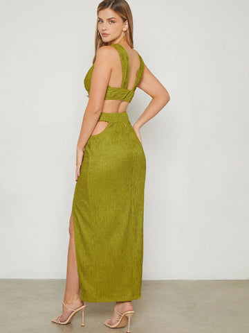 Ring Linked Crop Tank Top & Cut Out Waist Split Thigh Skirt