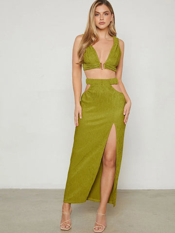 Ring Linked Crop Tank Top & Cut Out Waist Split Thigh Skirt