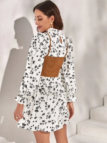 Floral Print Frill Trim Keyhole Back Flounce Sleeve Dress & Corduroy Cami Top