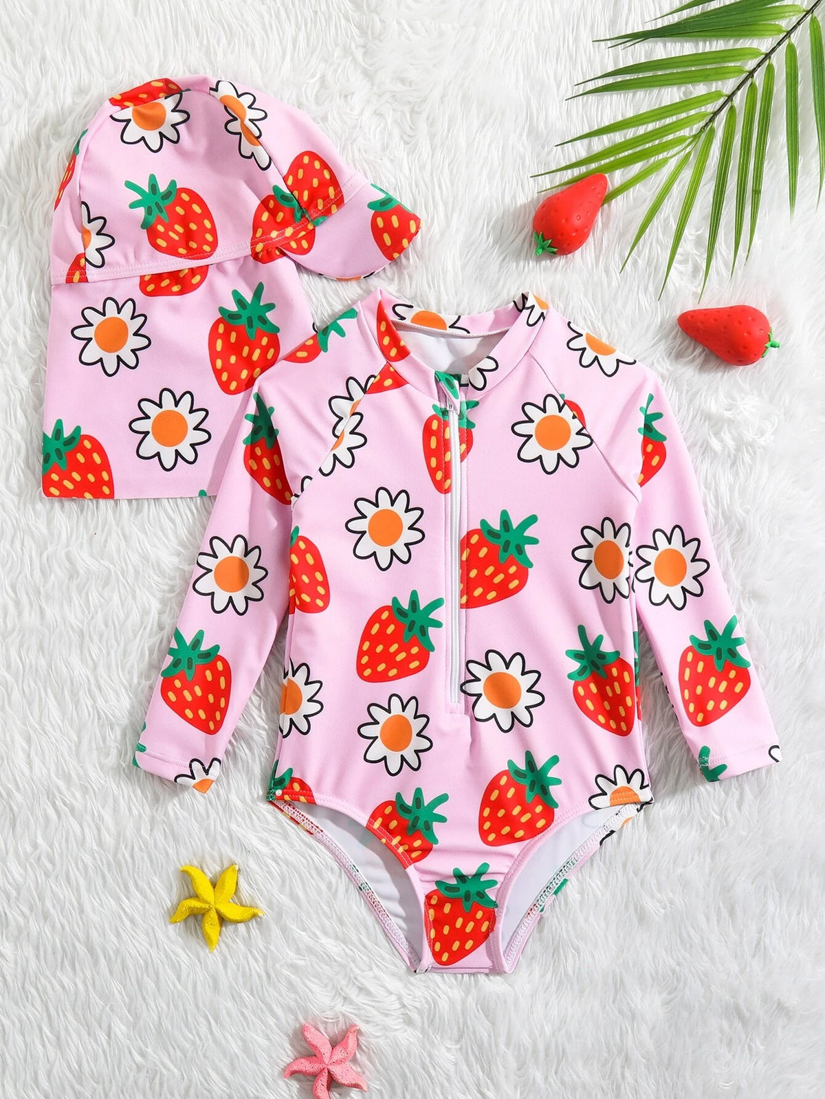 Baby Strawberry Print Zip Front One Piece Swimsuit With Swim Cap