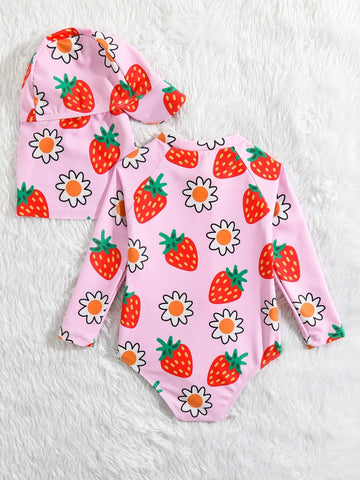 Baby Strawberry Print Zip Front One Piece Swimsuit With Swim Cap