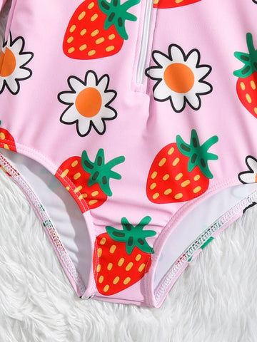 Baby Strawberry Print Zip Front One Piece Swimsuit With Swim Cap
