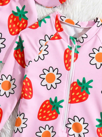 Baby Strawberry Print Zip Front One Piece Swimsuit With Swim Cap
