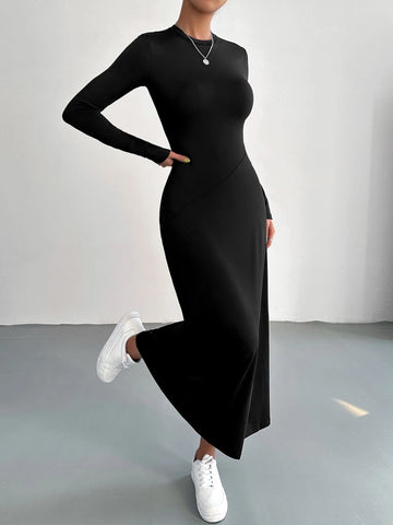 EZwear Solid Round Neck A Line Dress