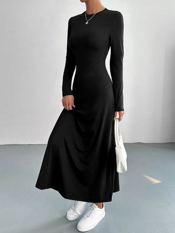 EZwear Solid Round Neck A Line Dress
