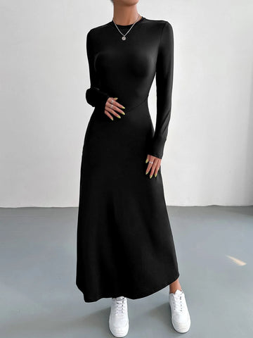 EZwear Solid Round Neck A Line Dress