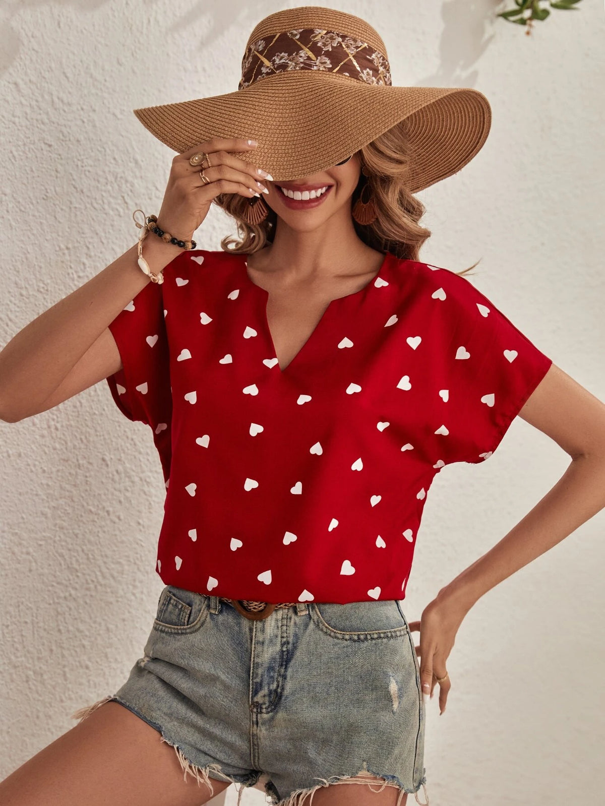 Heart Print Notched Neck Batwing Sleeve Blouse