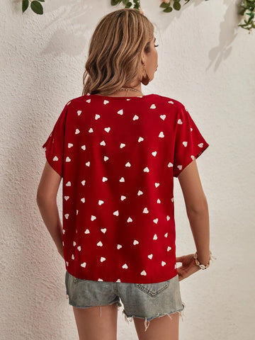 Heart Print Notched Neck Batwing Sleeve Blouse