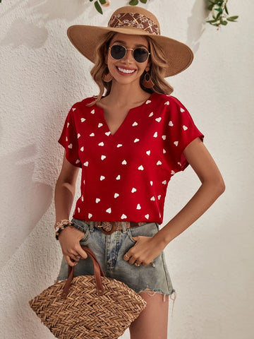 Heart Print Notched Neck Batwing Sleeve Blouse