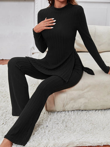 Mock Neck Split Hem Tee & Flare Leg Pants