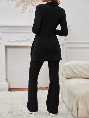 Mock Neck Split Hem Tee & Flare Leg Pants