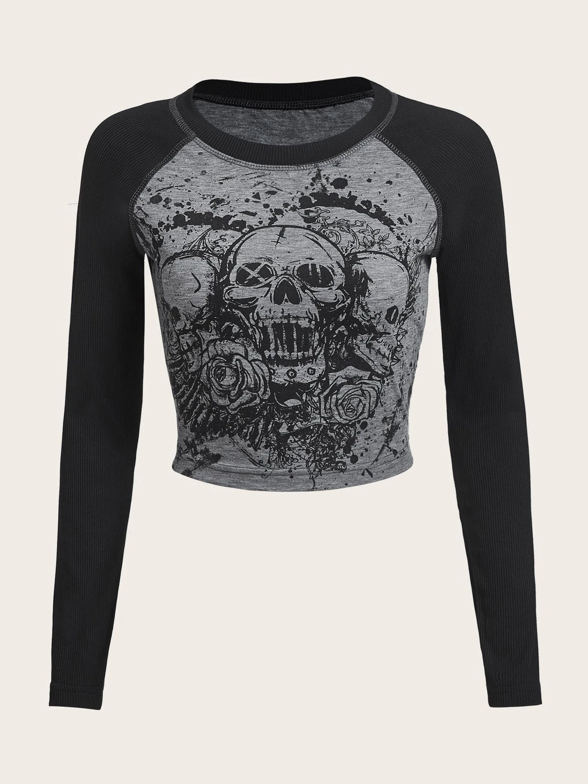 ROMWE Skull & Floral Graphic Raglan Sleeve Tee