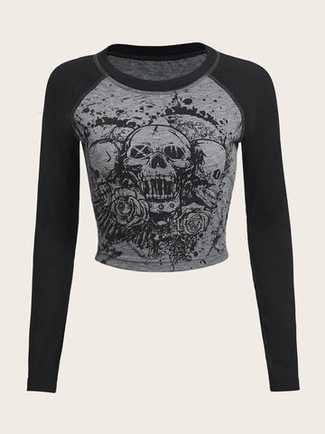 ROMWE Skull & Floral Graphic Raglan Sleeve Tee
