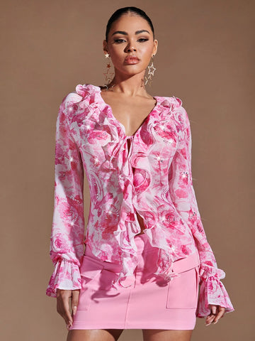 Floral Print Ruffle Trim Flounce Sleeve Blouse