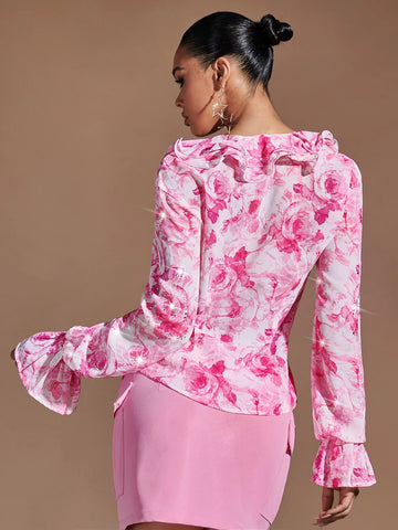 Floral Print Ruffle Trim Flounce Sleeve Blouse