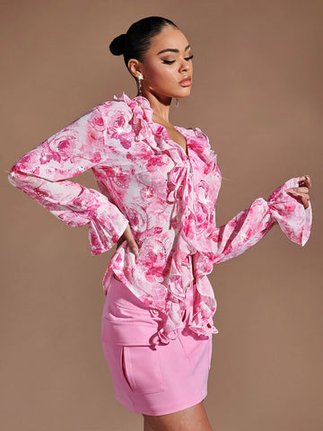 Floral Print Ruffle Trim Flounce Sleeve Blouse