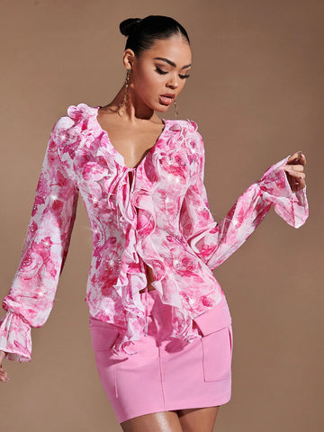 Floral Print Ruffle Trim Flounce Sleeve Blouse
