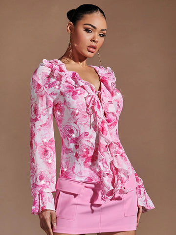 Floral Print Ruffle Trim Flounce Sleeve Blouse