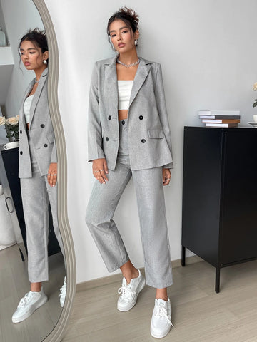 EZwear Lapel Neck Double Breasted Blazer & Slant Pocket Pants